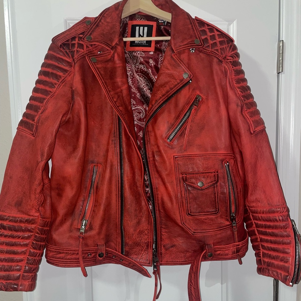 Master supply red leather motorcycle jacket